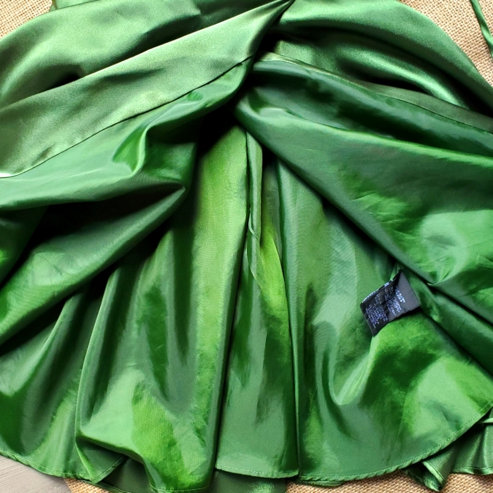 Blondie Nites Plunging-V Satin Skinny Strap Lace Up Mini Green Dress - Picture 5 of 6